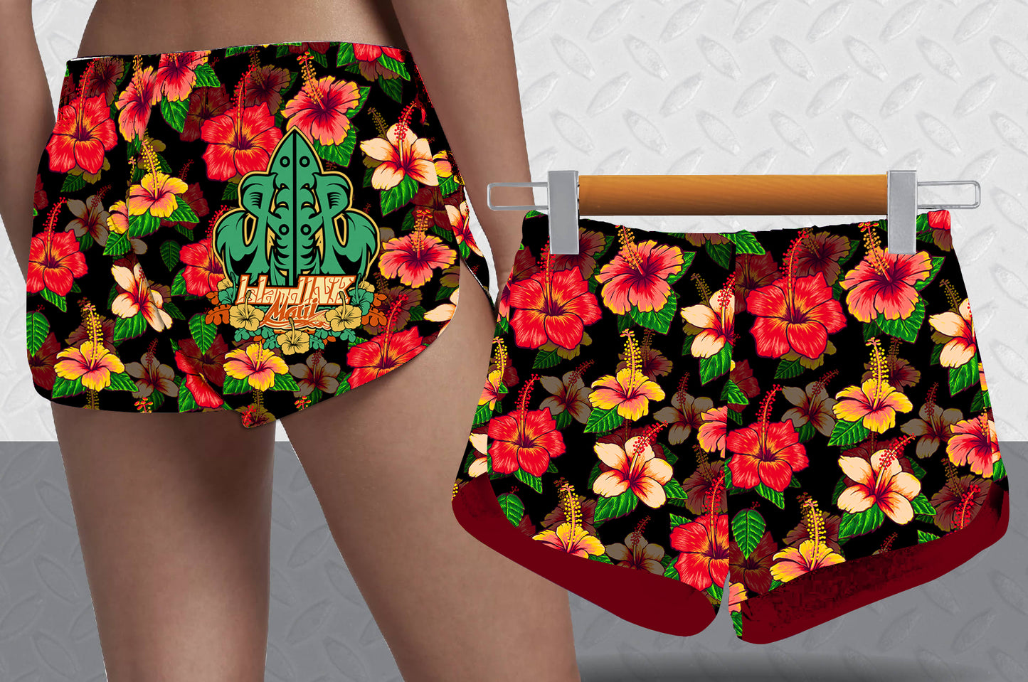 Women's Hibiscus Flowers & Surfboard retro shorts