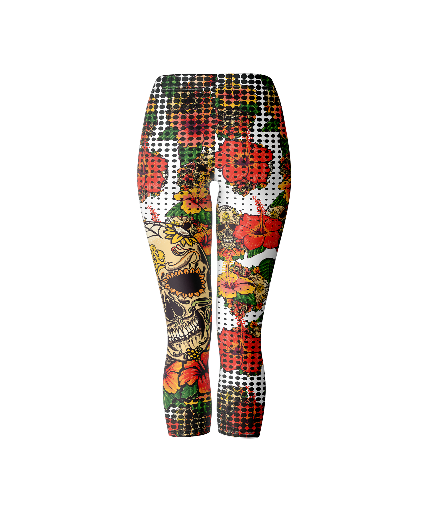 Women's Yoga Crop Leggings - Hibiscus Flowers & Skulls