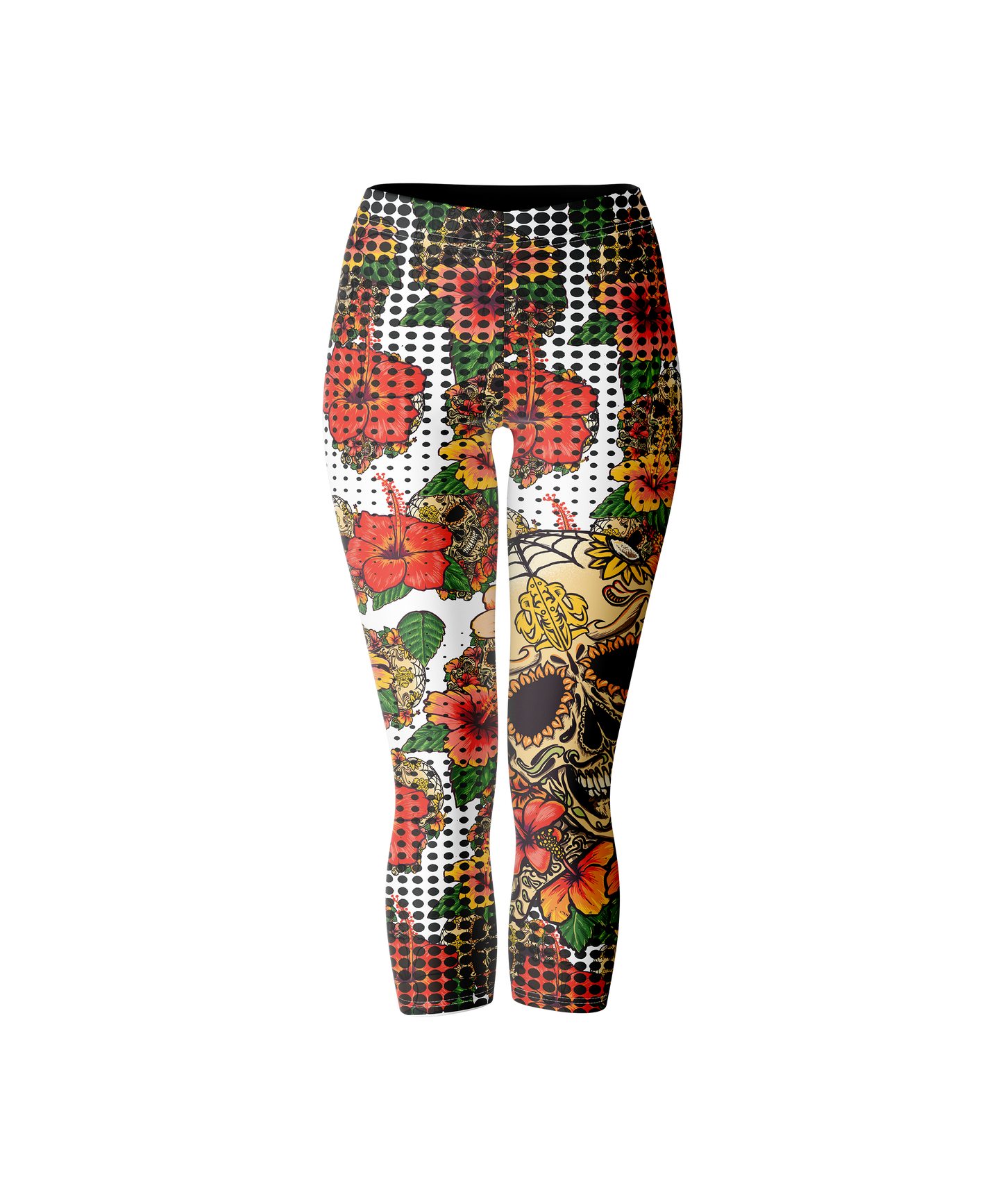 Women's Yoga Crop Leggings - Hibiscus Flowers & Skulls