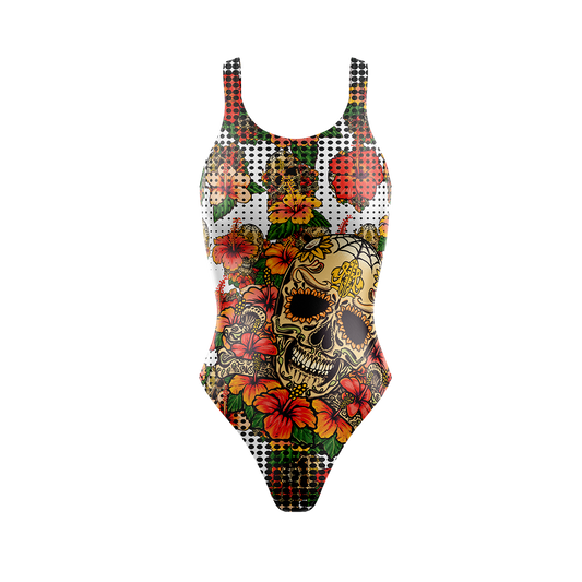 Women's Hibiscus Skull high cut one piece swim suit