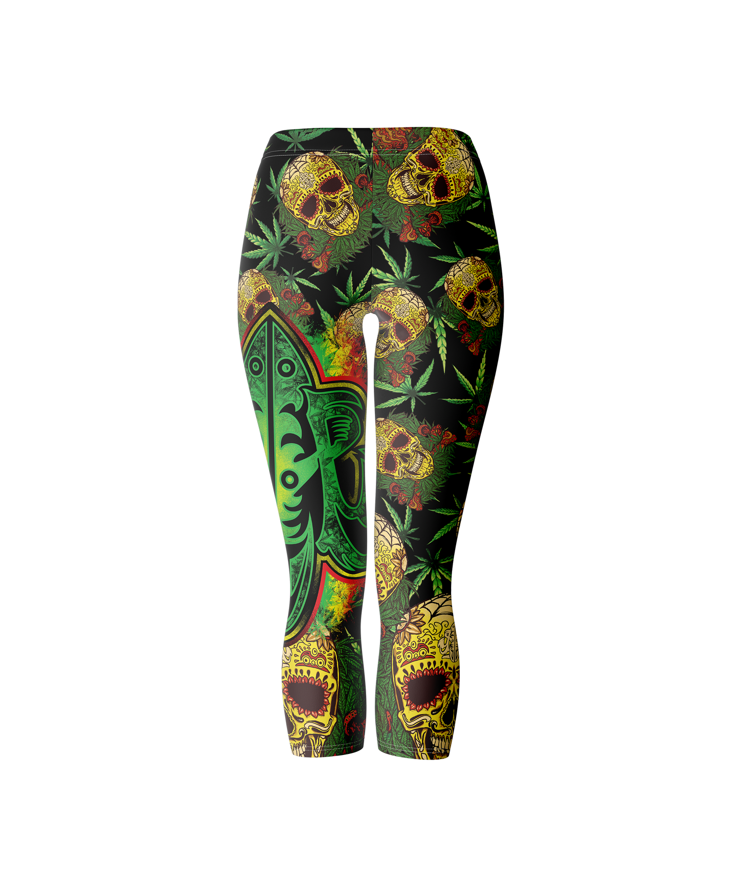 Women's Yoga Crop Leggings - Rasta Skull & Surfboard