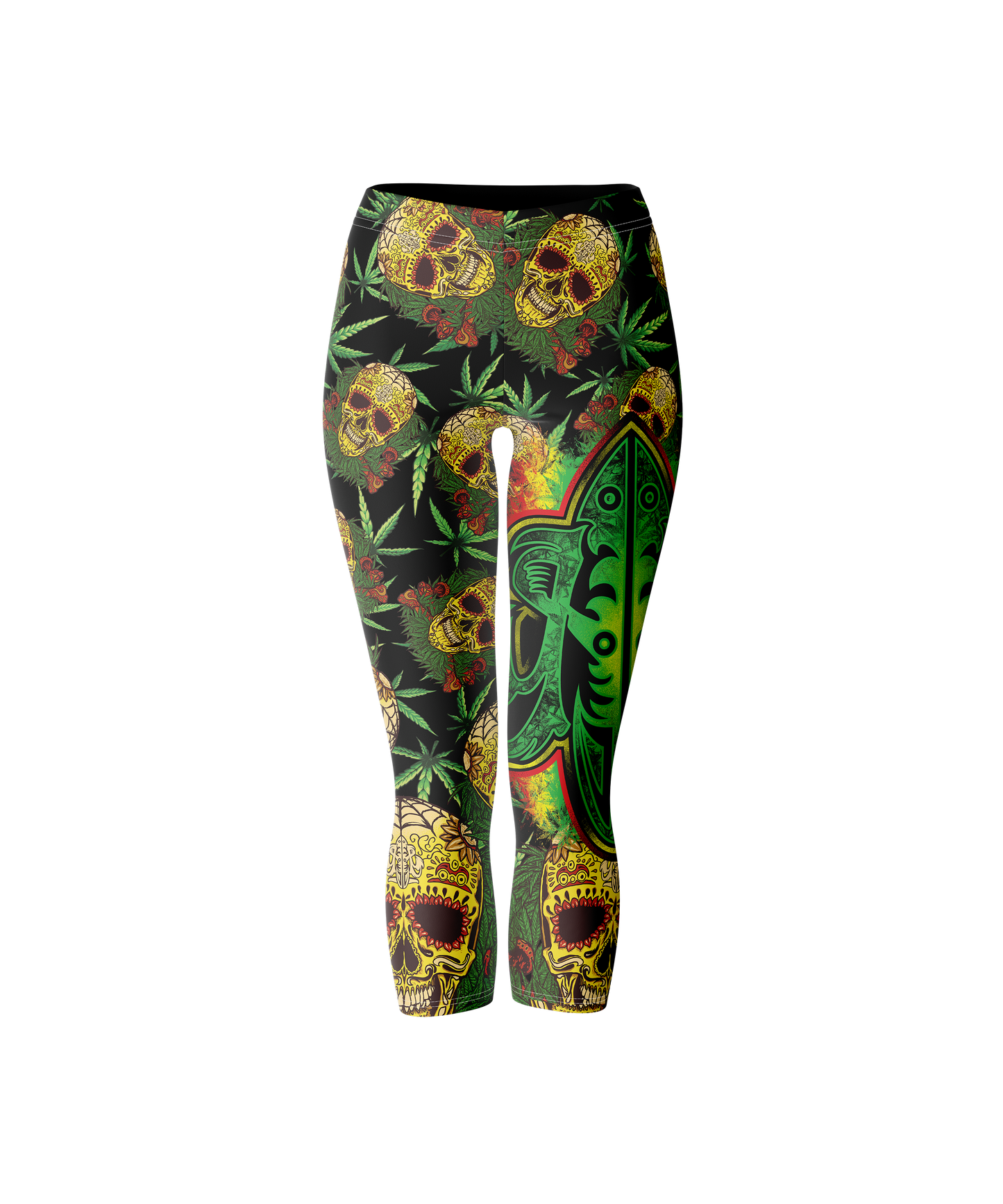 Women's Yoga Crop Leggings - Rasta Skull & Surfboard