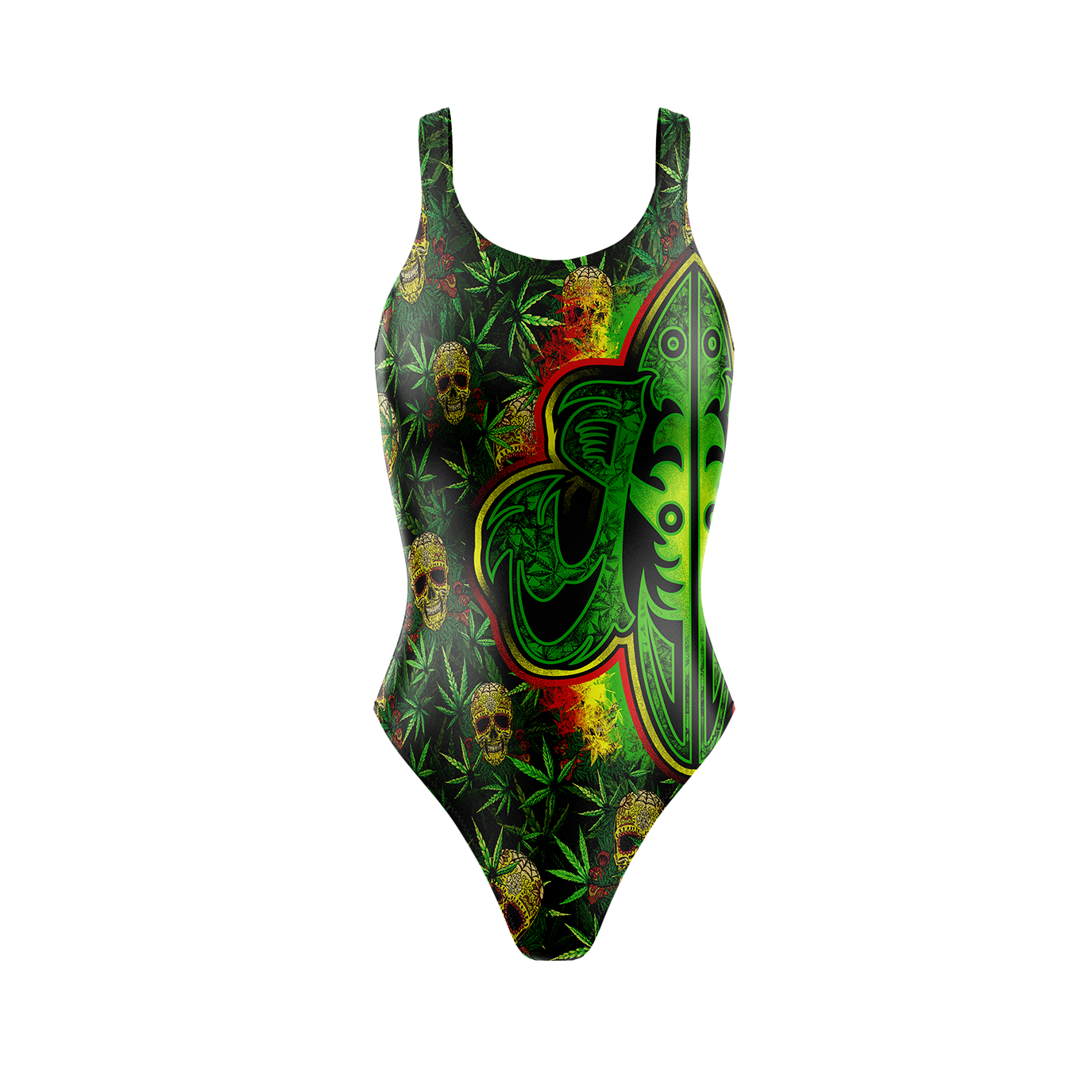 Women's Rasta Skull and Surfboard high cut one piece swim suit