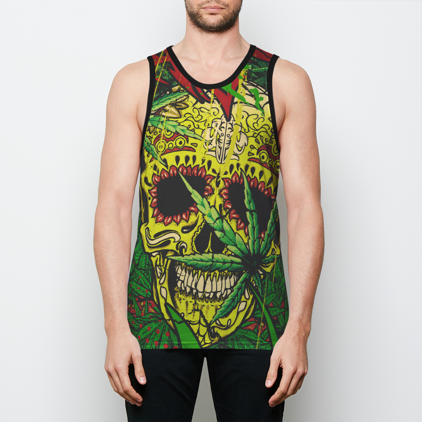 Men's Rasta Skull & Surfboard tank top with bindings