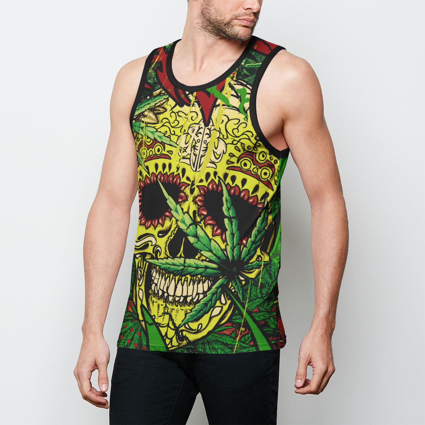 Men's Rasta Skull & Surfboard tank top with bindings