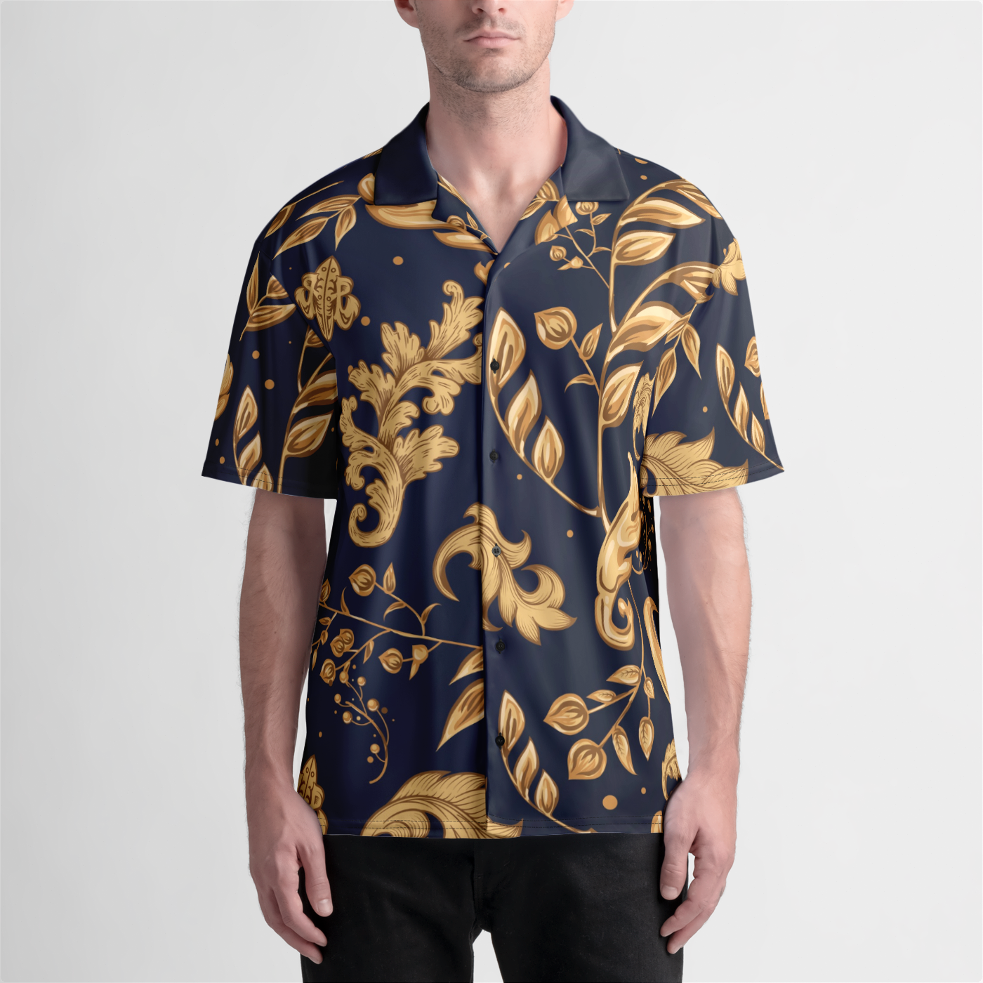 Men's Floral Swirl Aloha Tee - "NAVY"