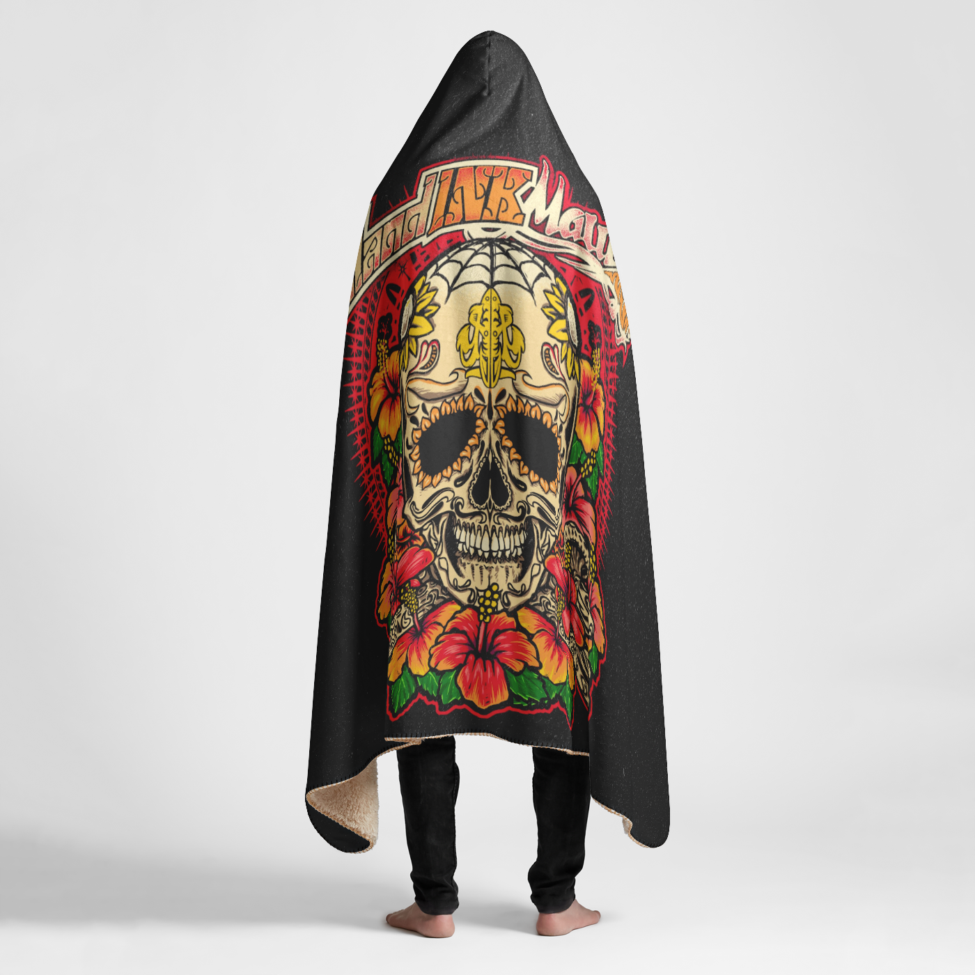 Hibiscus Skull Large Hooded Sherpa Blanket 60x80