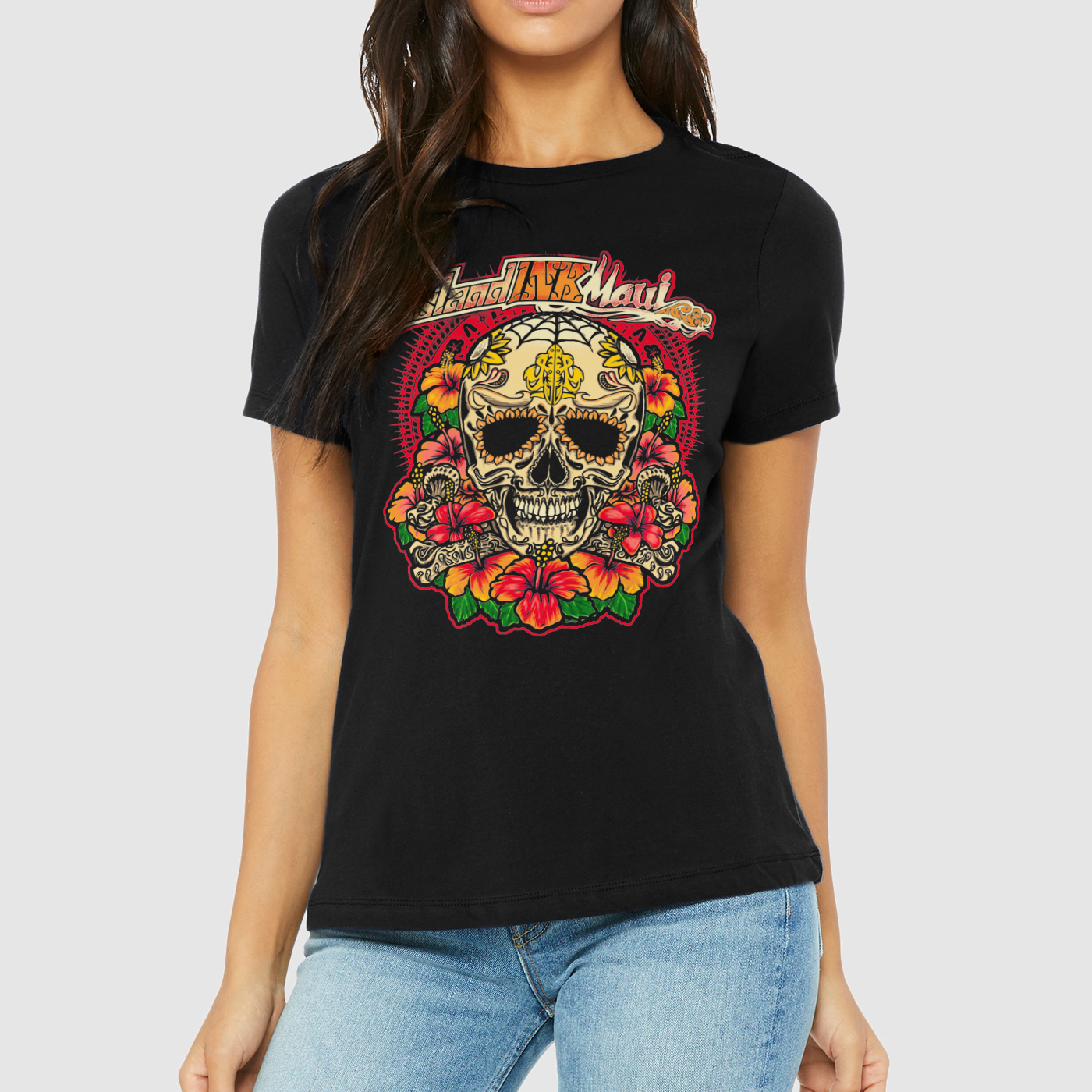 Women's Hibiscus Flower Candy Skull Graphic Tee