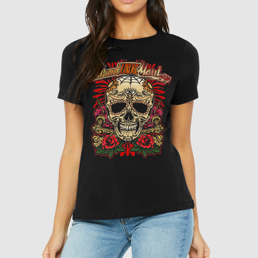 Women's Island Ink Maui Candy Skull Roses Graphic Tee