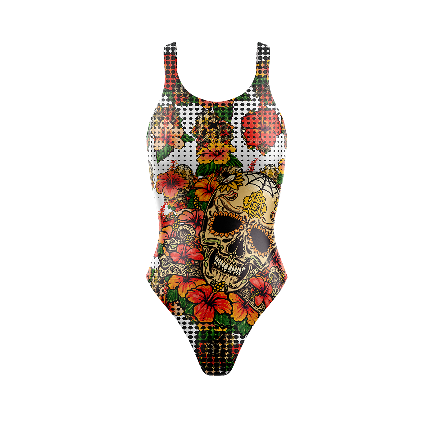 Women's Hibiscus Skull high cut one piece swim suit