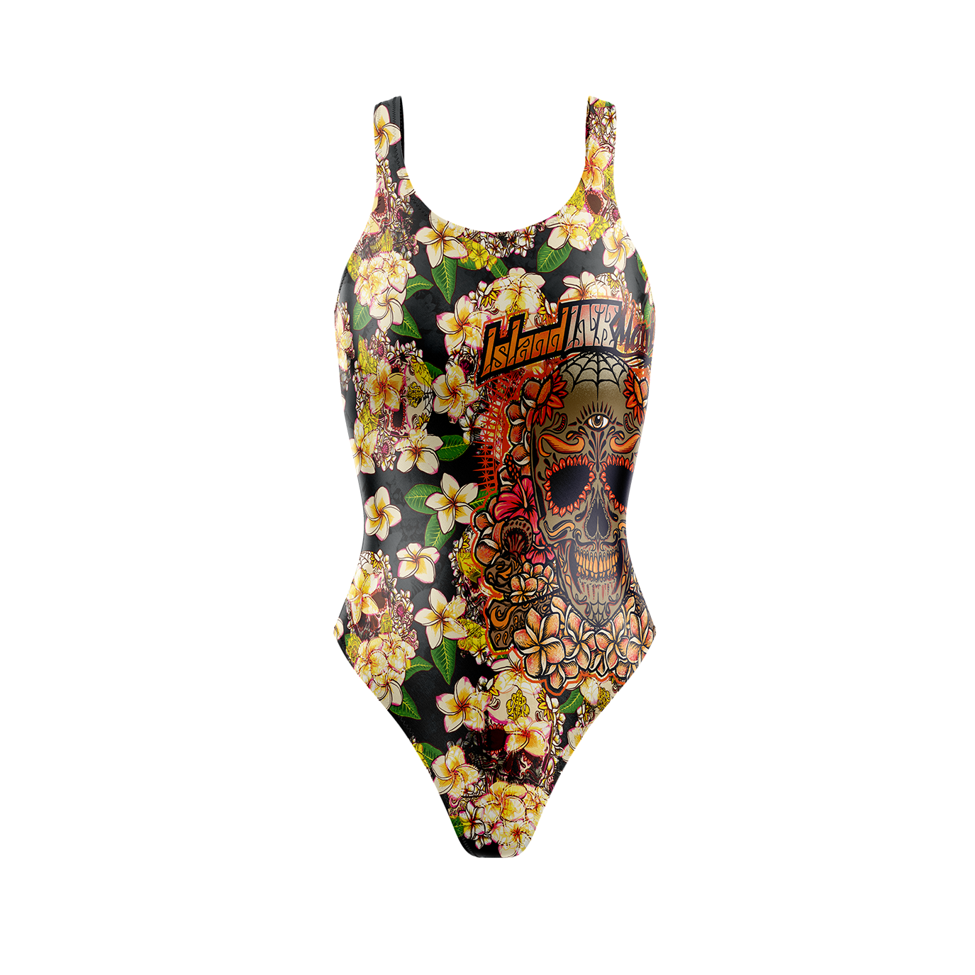 Women's Plumeria Skull high cut one piece swim suit