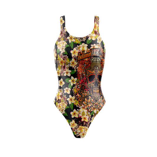 Women's Plumeria Skull high cut one piece swim suit